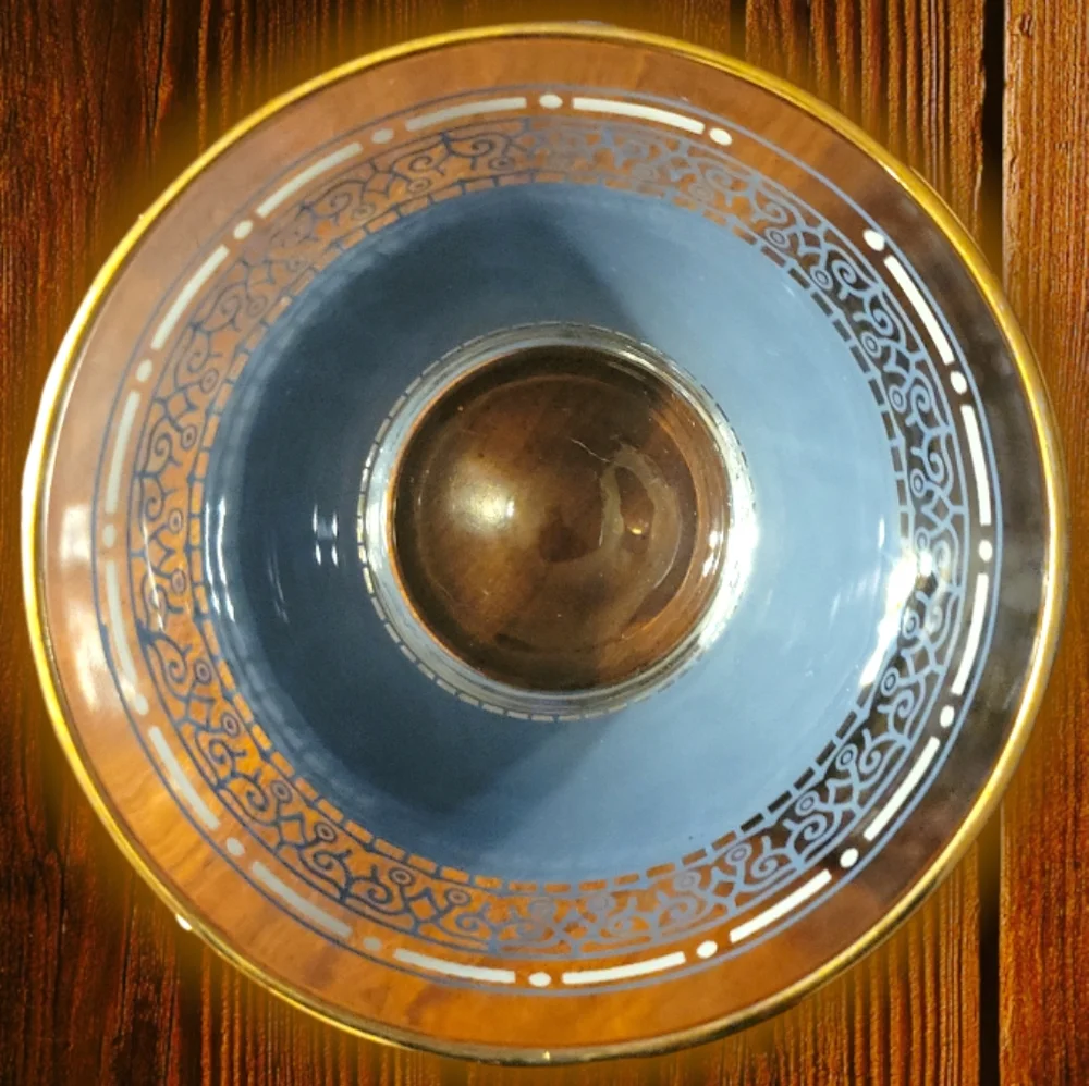 Vtg 60's Genghis Khan Glass Blue White Ice Bucket Lions Horse Men Hunt Gold Rim